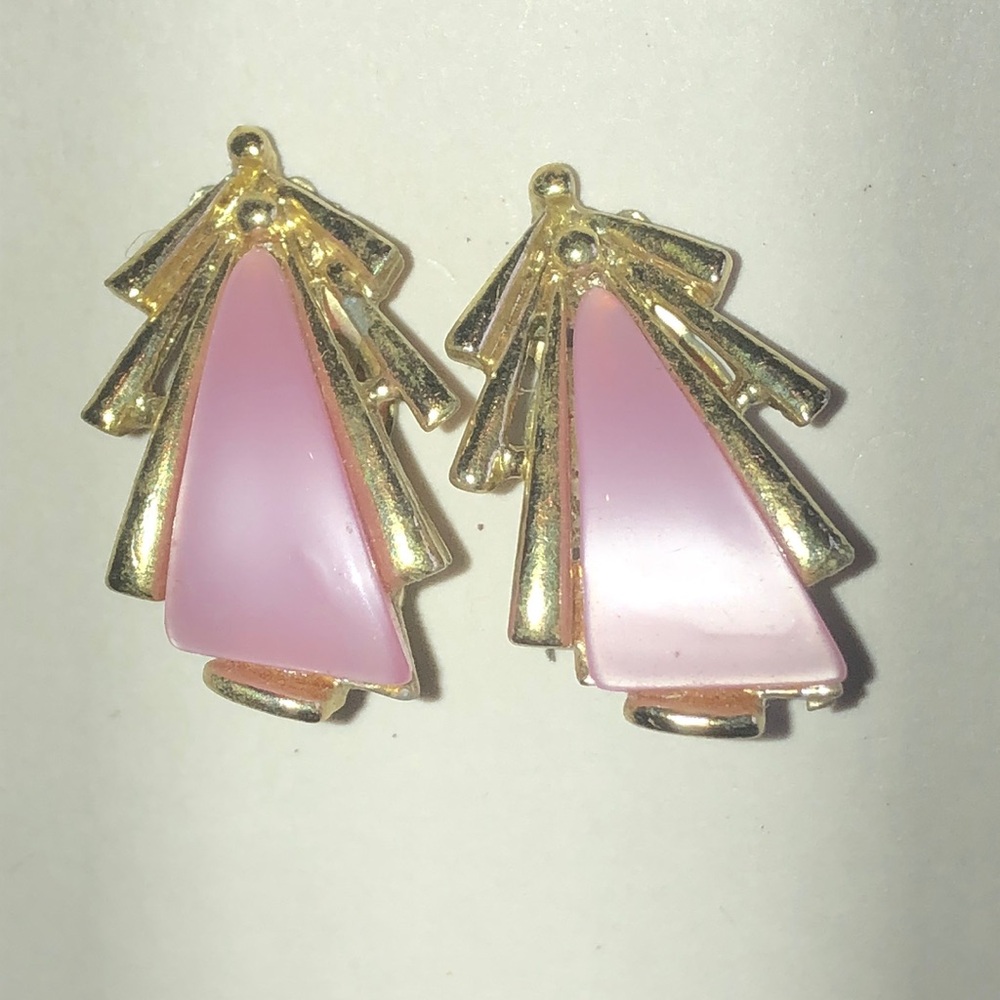 Pink and Gold Tone Art Deco Fan Earrings
